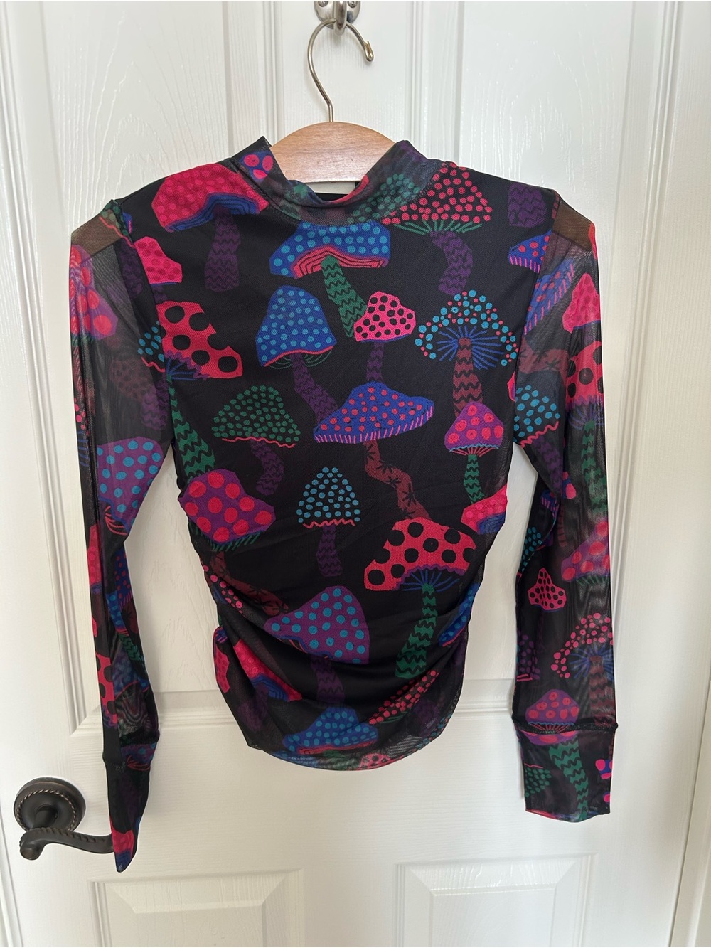 Farm Rio Long-Sleeve Mesh Top with Colorful Mushroom Print, XS